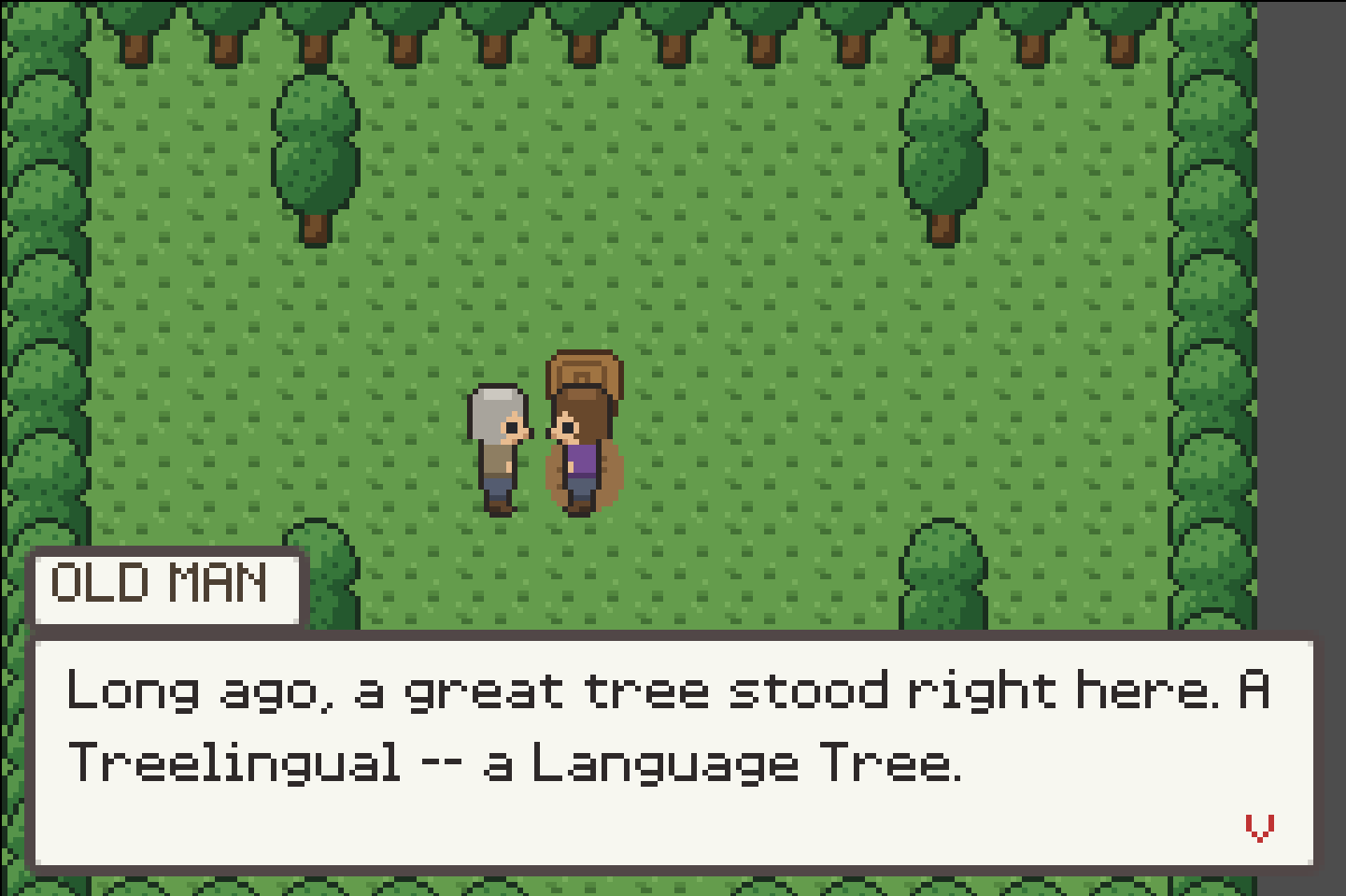 Lexadex overworld — old man tells the player about the Language Tree