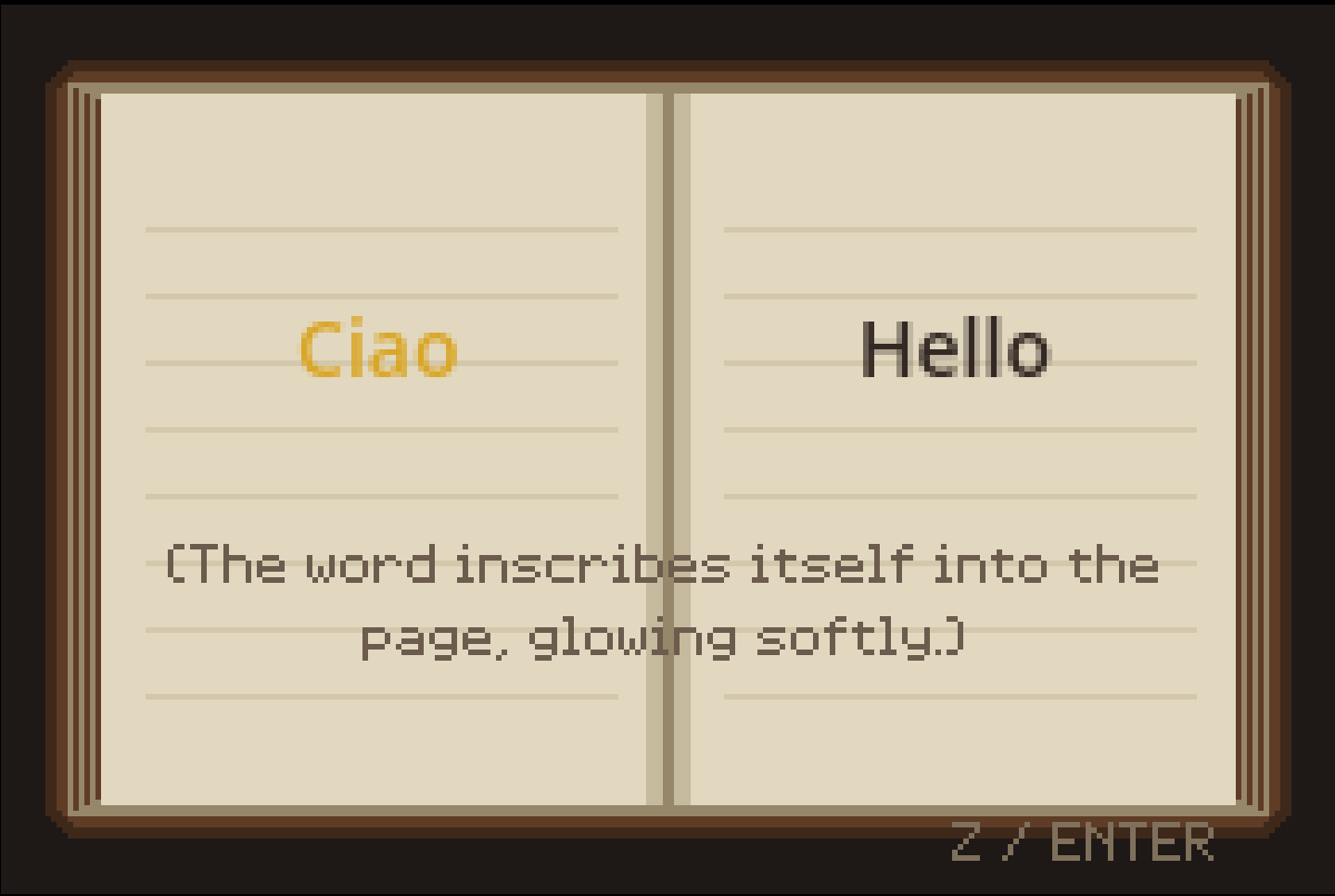 Lexadex vocabulary book — 'Ciao' inscribing itself opposite 'Hello'