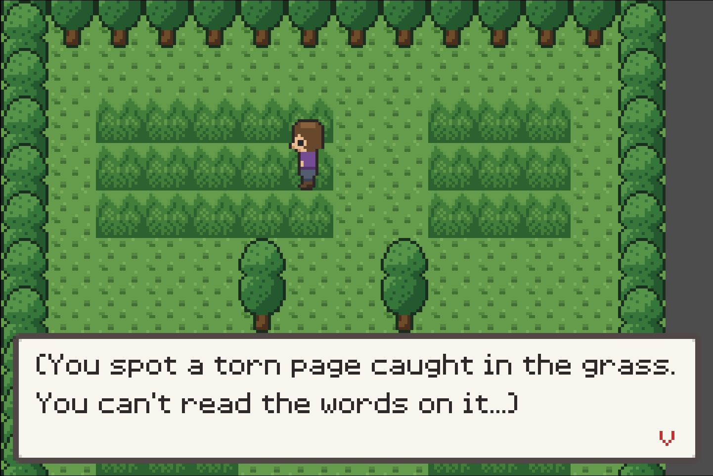 Lexadex overworld — player finds an unreadable torn page in the grass